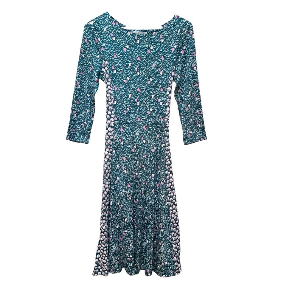 Boden Anna Dress Midi Tie Front or Back Green Floral Tulip Print Minimalist Sz 8